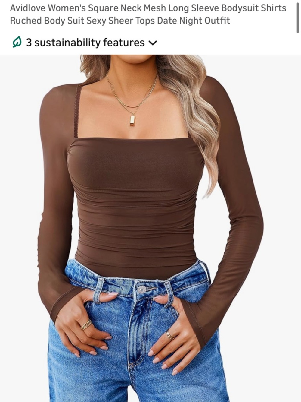 Square-Neck Brown Long Sleeve Mesh Bodysuit
